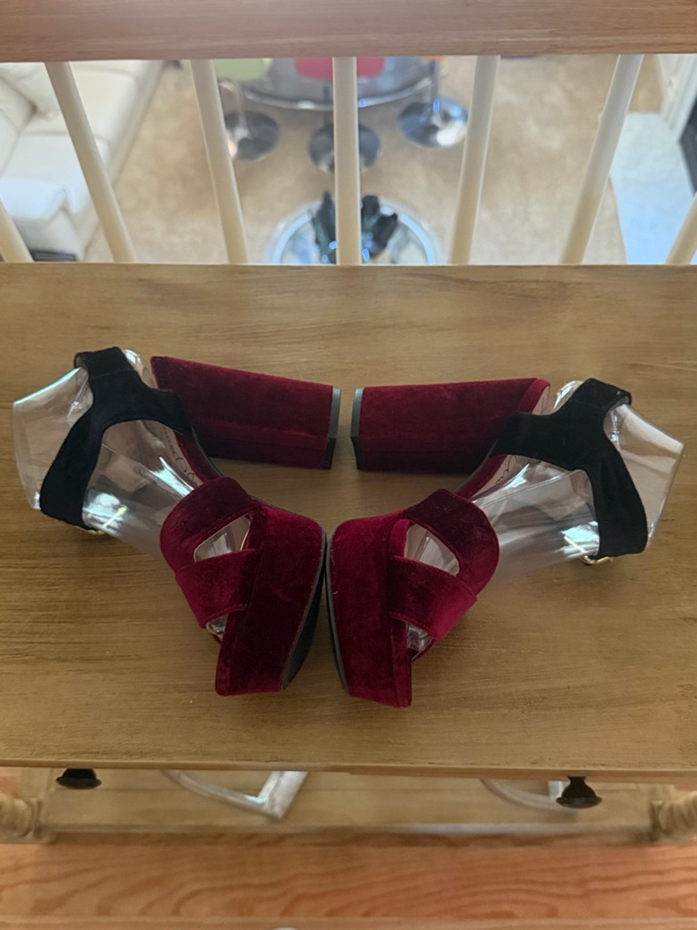 Libby. edelman Burgundy and Black Velvet Platform Block Heel Sandals - Picture 11 of 16